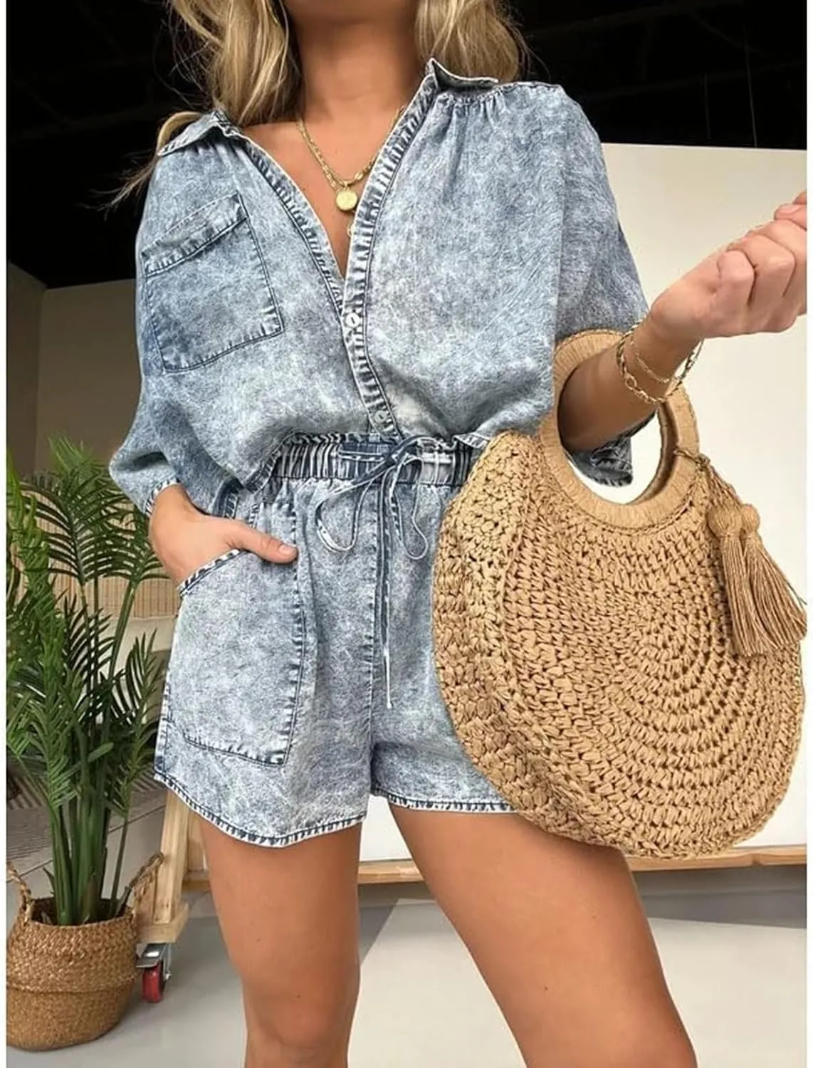 2024 New Washed Denim Tencel Set, Women's Suit Loose Comfortable Top Lace-Up Casual Shorts Two Piece With Pockets