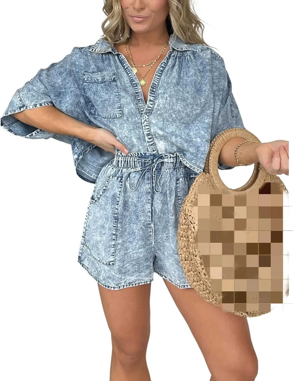 2024 New Washed Denim Tencel Set, Women's Suit Loose Comfortable Top Lace-Up Casual Shorts Two Piece With Pockets