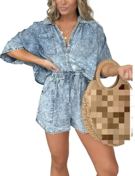 2024 New Washed Denim Tencel Set, Women's Suit Loose Comfortable Top Lace-Up Casual Shorts Two Piece With Pockets