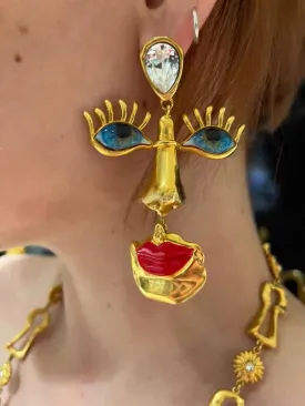 Abstract Face Earrings Dangle Gold Tone Pendant with Blue Eyes, Teardrop Crystal, Red Lips Earrings for Women