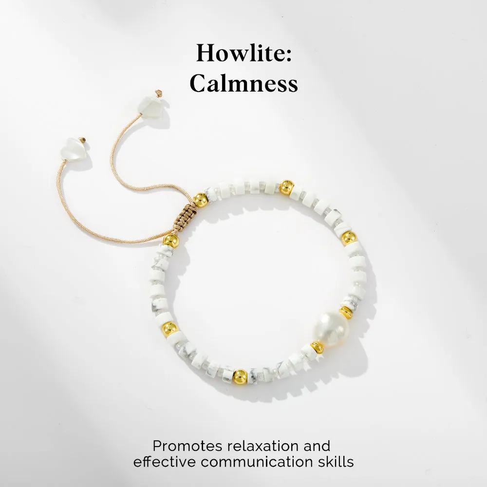 Adjustable Healing Crystal Bracelet Natural Howlite Gemstone Beads with Irregular Pearl