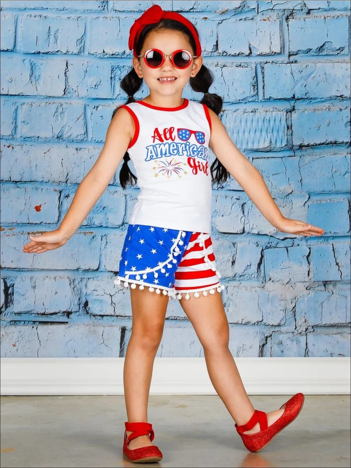 All American Girl Top And Pom Pom Short Set