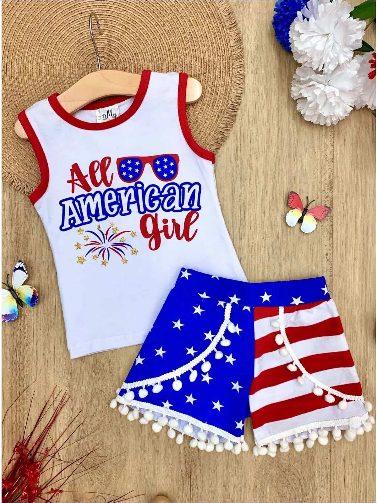All American Girl Top And Pom Pom Short Set