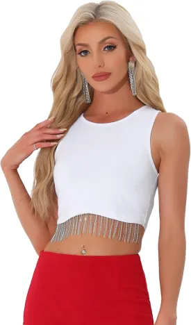 Allegra K Fringe Tops for Women's Y2K Raceback Top Sleeveless Sparkly Glitter Tassel Tank Crop Rhinestone Tops