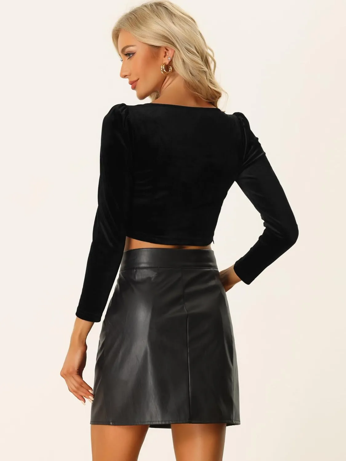 Allegra K Long Sleeve Corset Tops for Women's Slim Fit Square Neck Cropped Blouse Party Velvet Top