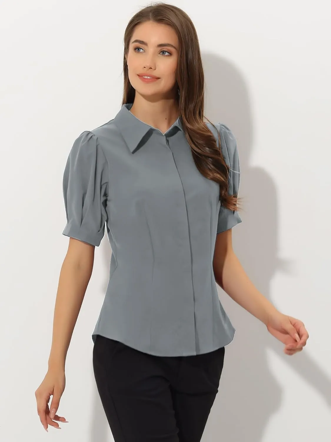 Allegra K Women's Work Office Button Down Shirt Puff Sleeve Collared Short Sleeve Fashion Top