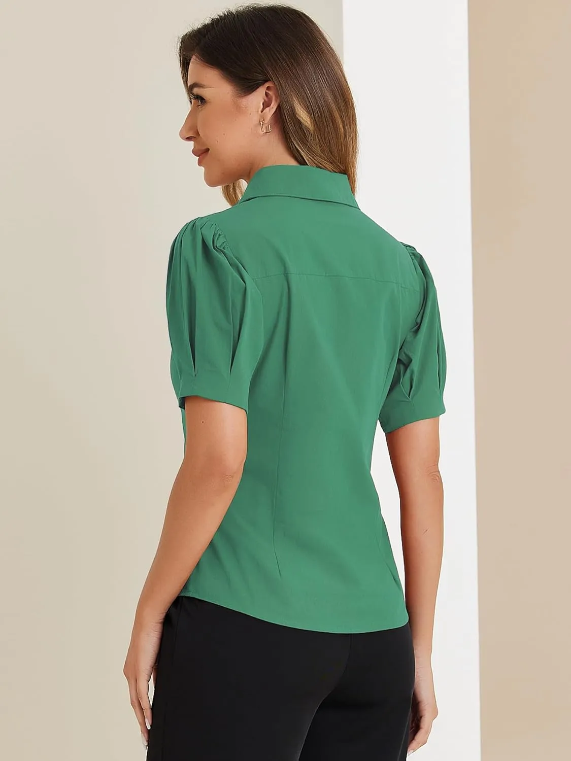 Allegra K Women's Work Office Button Down Shirt Puff Sleeve Collared Short Sleeve Fashion Top
