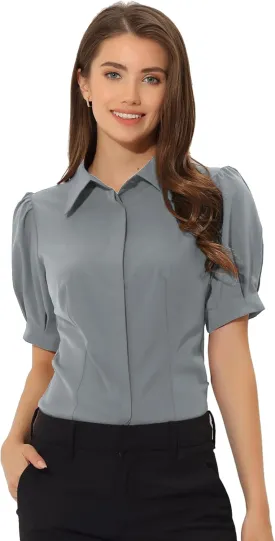 Allegra K Women's Work Office Button Down Shirt Puff Sleeve Collared Short Sleeve Fashion Top