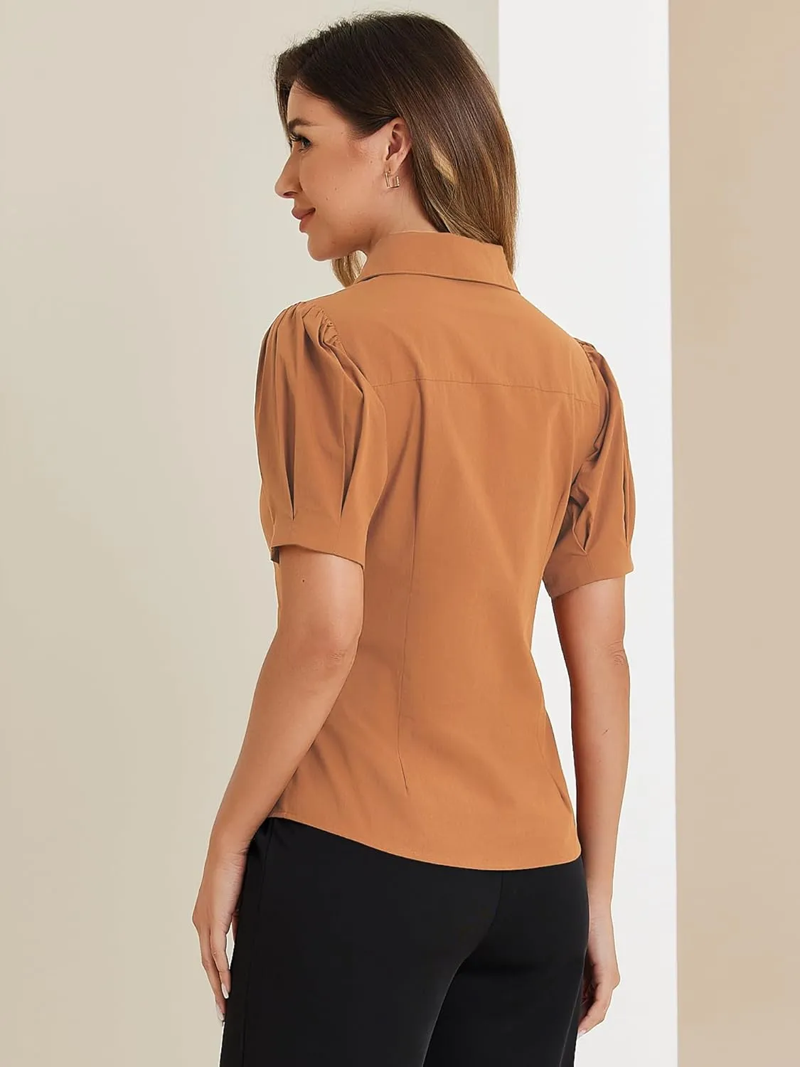 Allegra K Women's Work Office Button Down Shirt Puff Sleeve Collared Short Sleeve Fashion Top
