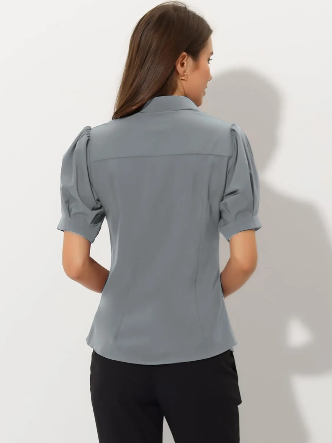 Allegra K Women's Work Office Button Down Shirt Puff Sleeve Collared Short Sleeve Fashion Top