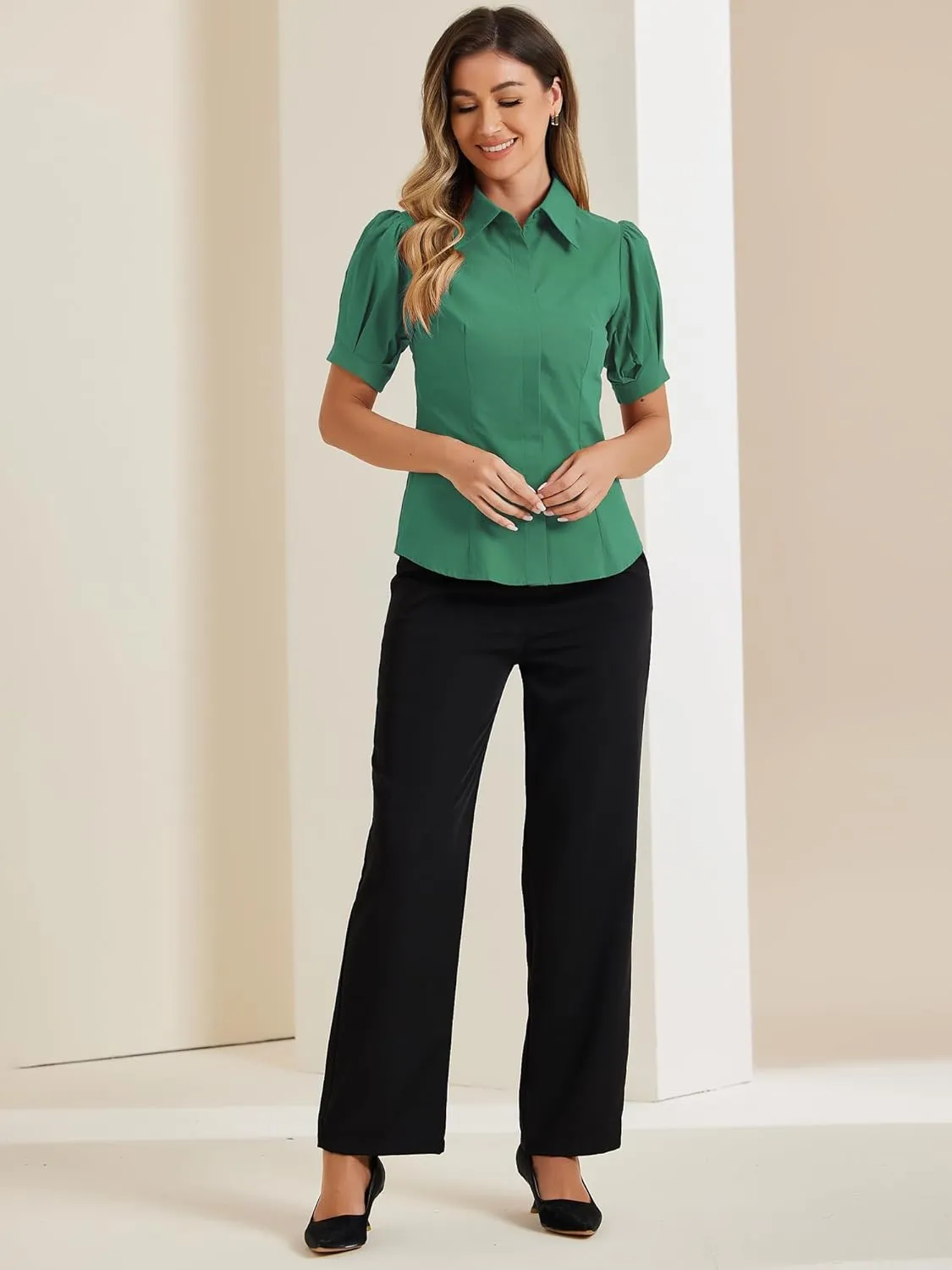 Allegra K Women's Work Office Button Down Shirt Puff Sleeve Collared Short Sleeve Fashion Top