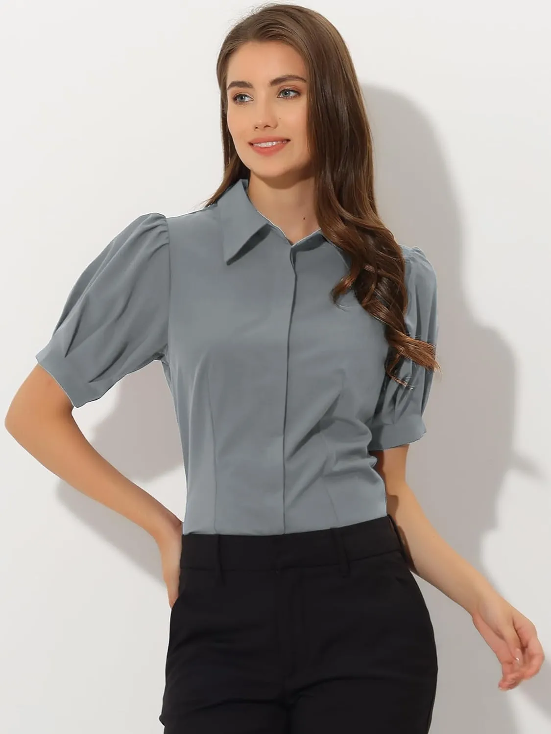 Allegra K Women's Work Office Button Down Shirt Puff Sleeve Collared Short Sleeve Fashion Top