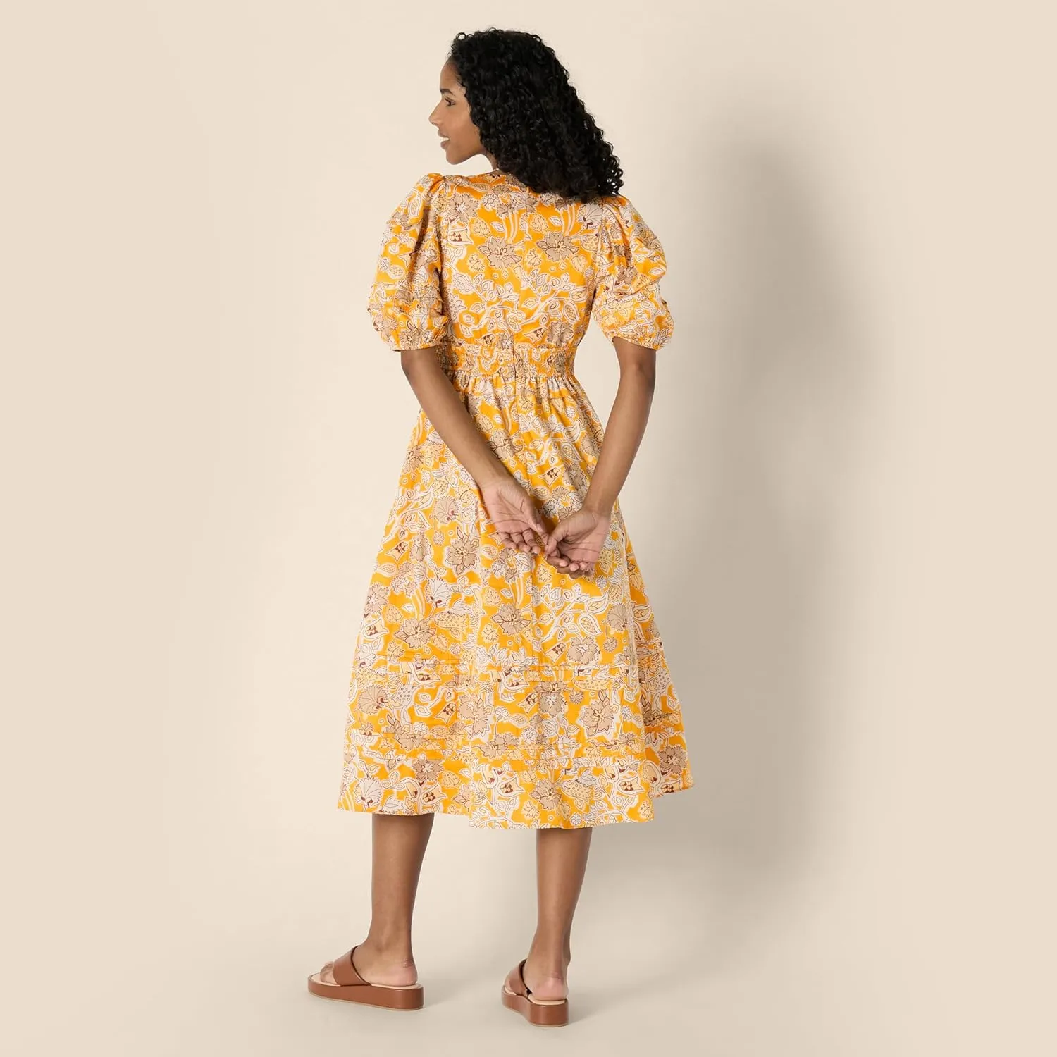Amazon Essentials Women's Regular-Fit Cotton Sateen Puff Sleeve Midi Dress