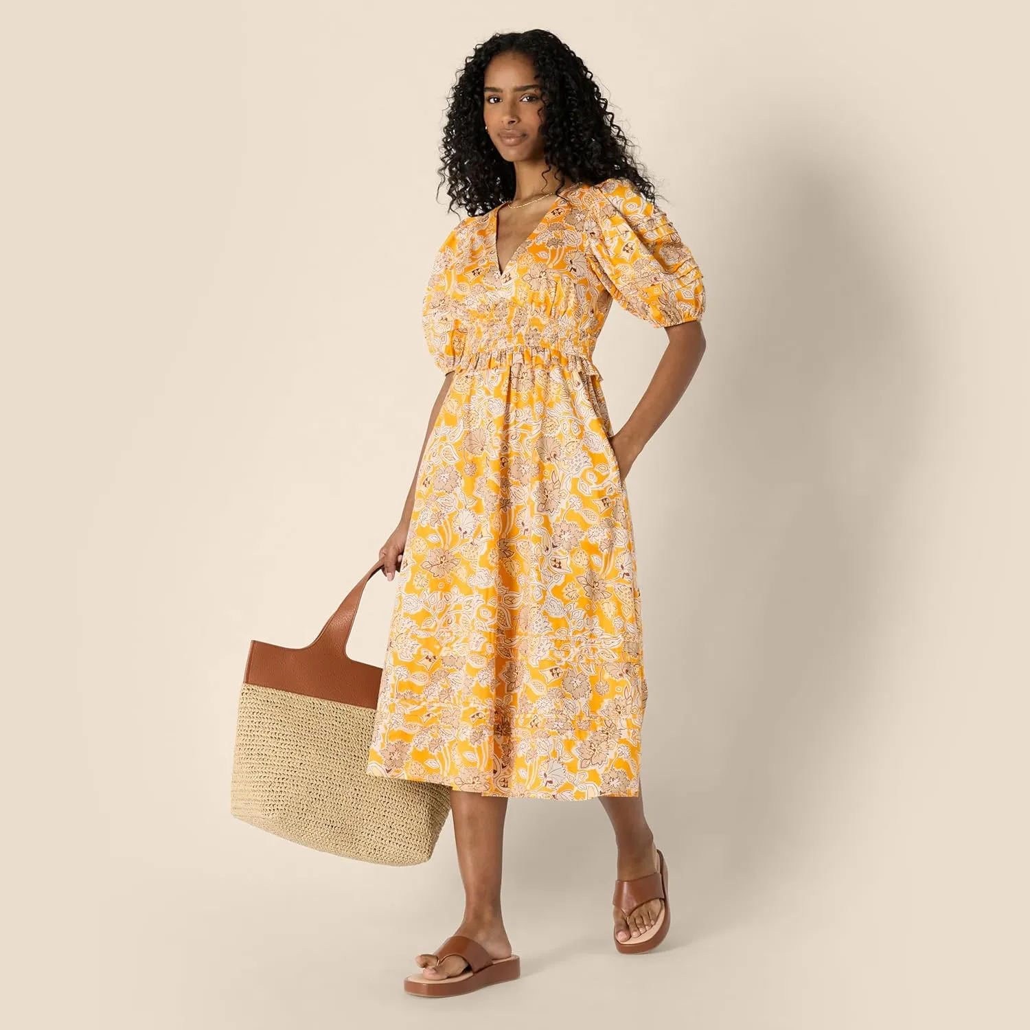 Amazon Essentials Women's Regular-Fit Cotton Sateen Puff Sleeve Midi Dress
