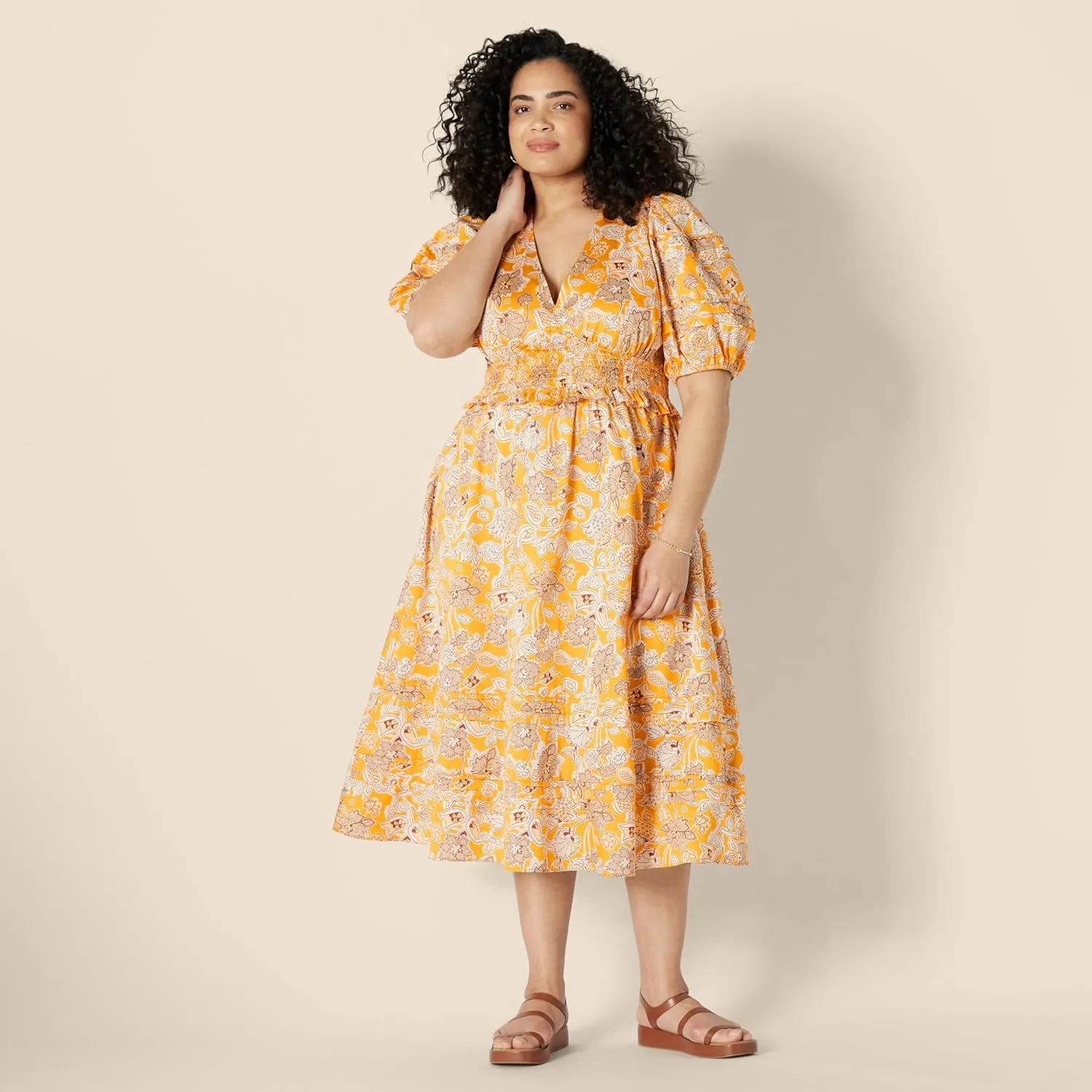Amazon Essentials Women's Regular-Fit Cotton Sateen Puff Sleeve Midi Dress