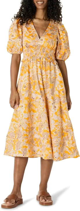Amazon Essentials Women's Regular-Fit Cotton Sateen Puff Sleeve Midi Dress
