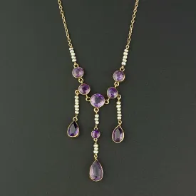 Antique Gold Teardrop Amethyst Pearl Necklace