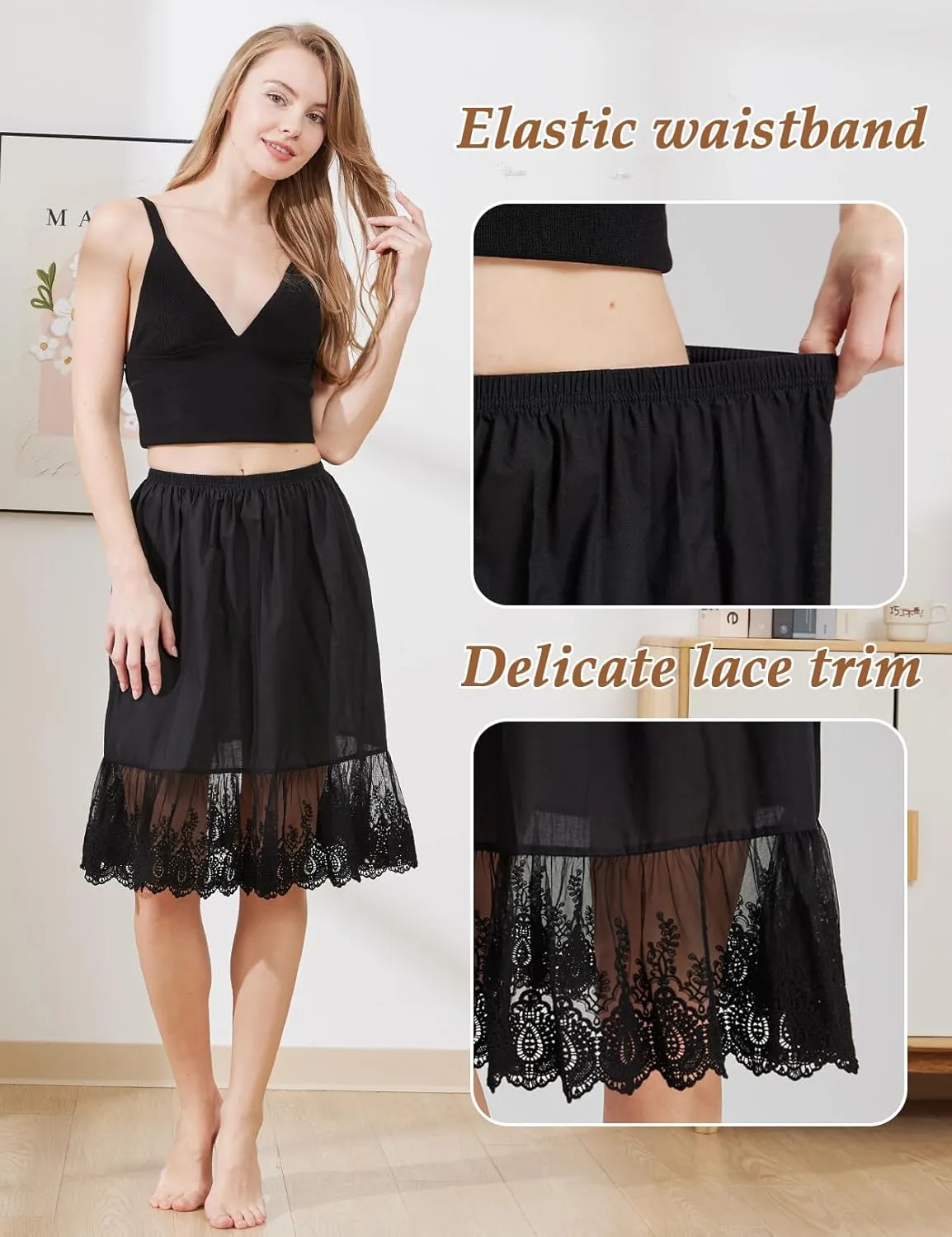 BEAUTELICATE Skirt Extender with Lace Trim Vintage Underskirt 100% Cotton Half Slip