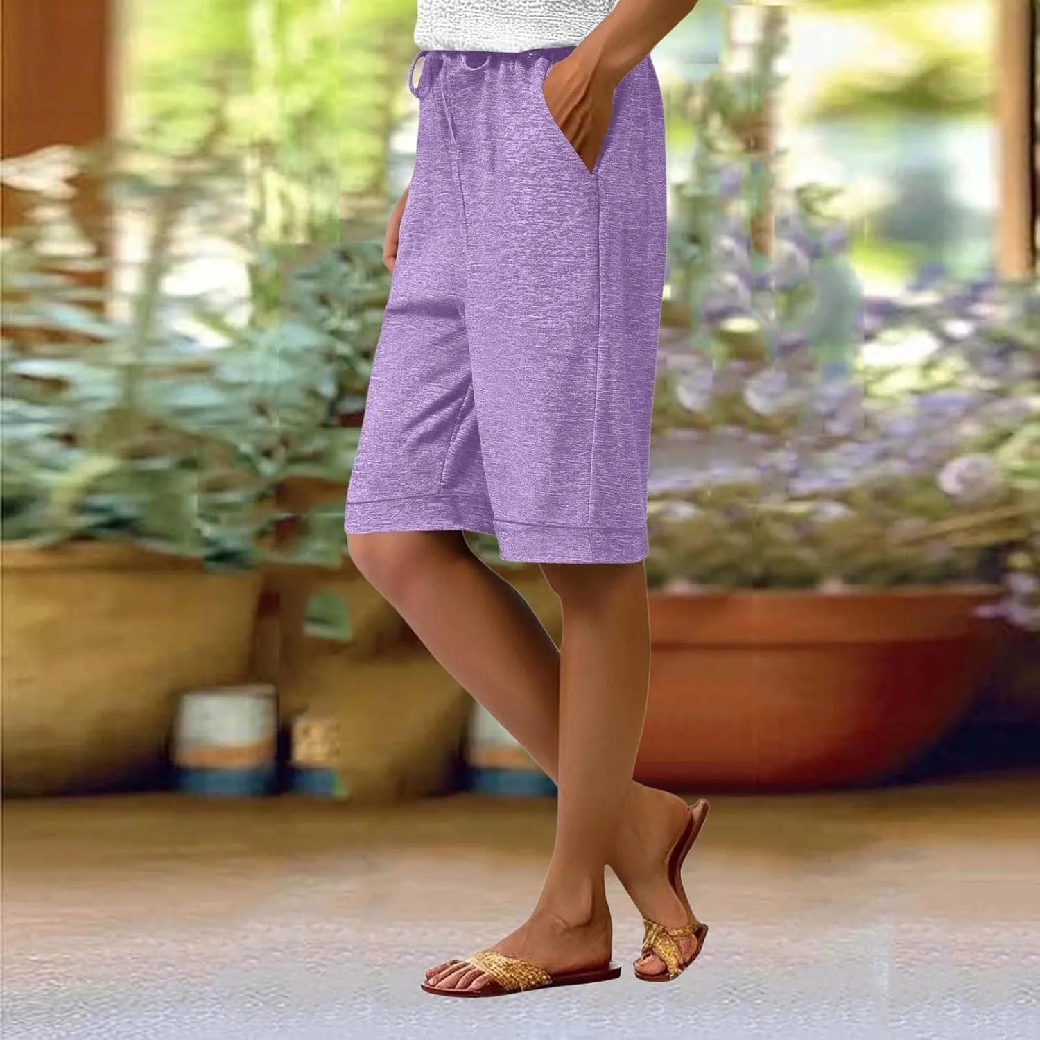 Bermuda Shorts for Women Knee Length Linen Capris Summer Casual Straight Leg Loose Beach Capri Pants with Pockets