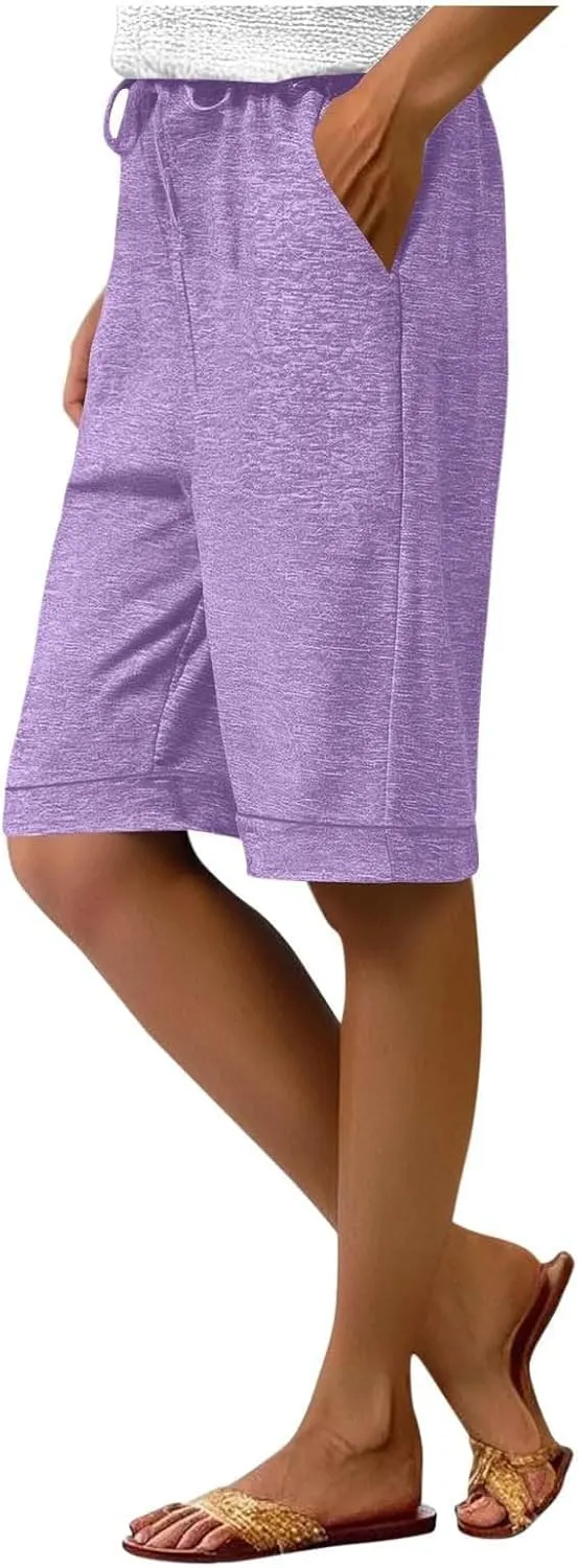 Bermuda Shorts for Women Knee Length Linen Capris Summer Casual Straight Leg Loose Beach Capri Pants with Pockets