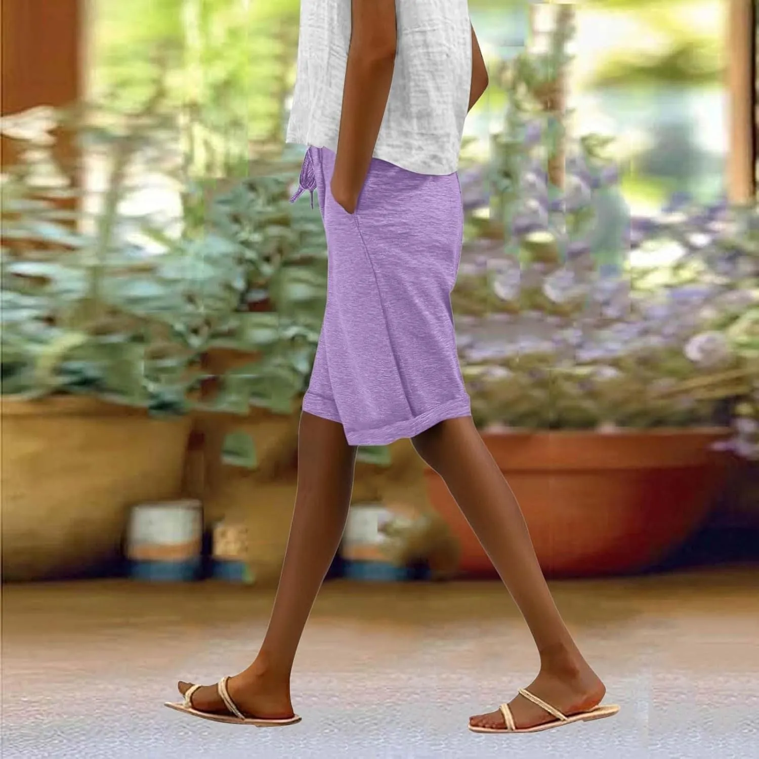 Bermuda Shorts for Women Knee Length Linen Capris Summer Casual Straight Leg Loose Beach Capri Pants with Pockets