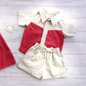 Birch Top & Shorts in Red Diamond and Beige Linen
