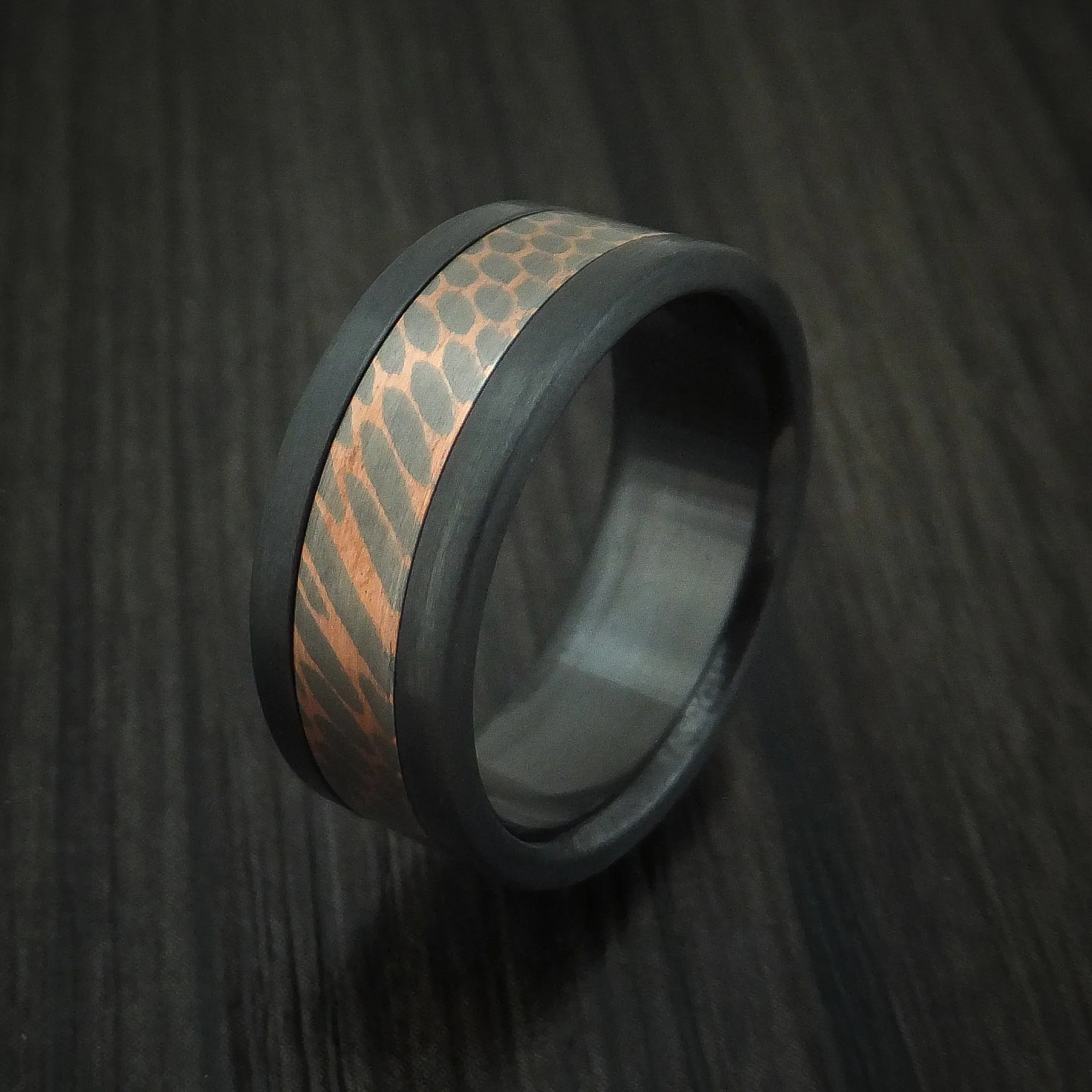 Black Titanium and Superconductor Men's Ring Custom Made Titanium-Niobium and Copper Band