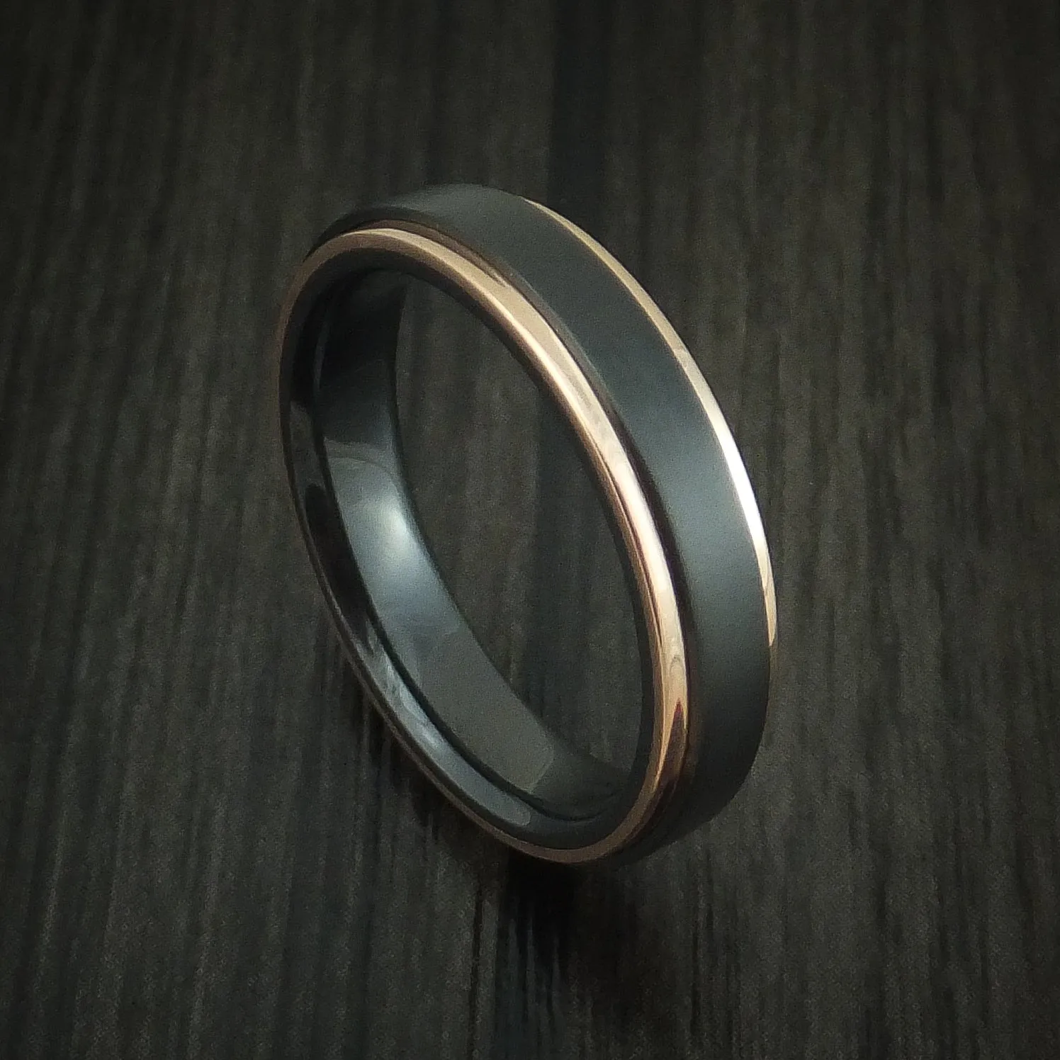 Black Titanium Men's Ring with 14K Rose Gold Edges Custom Made Band