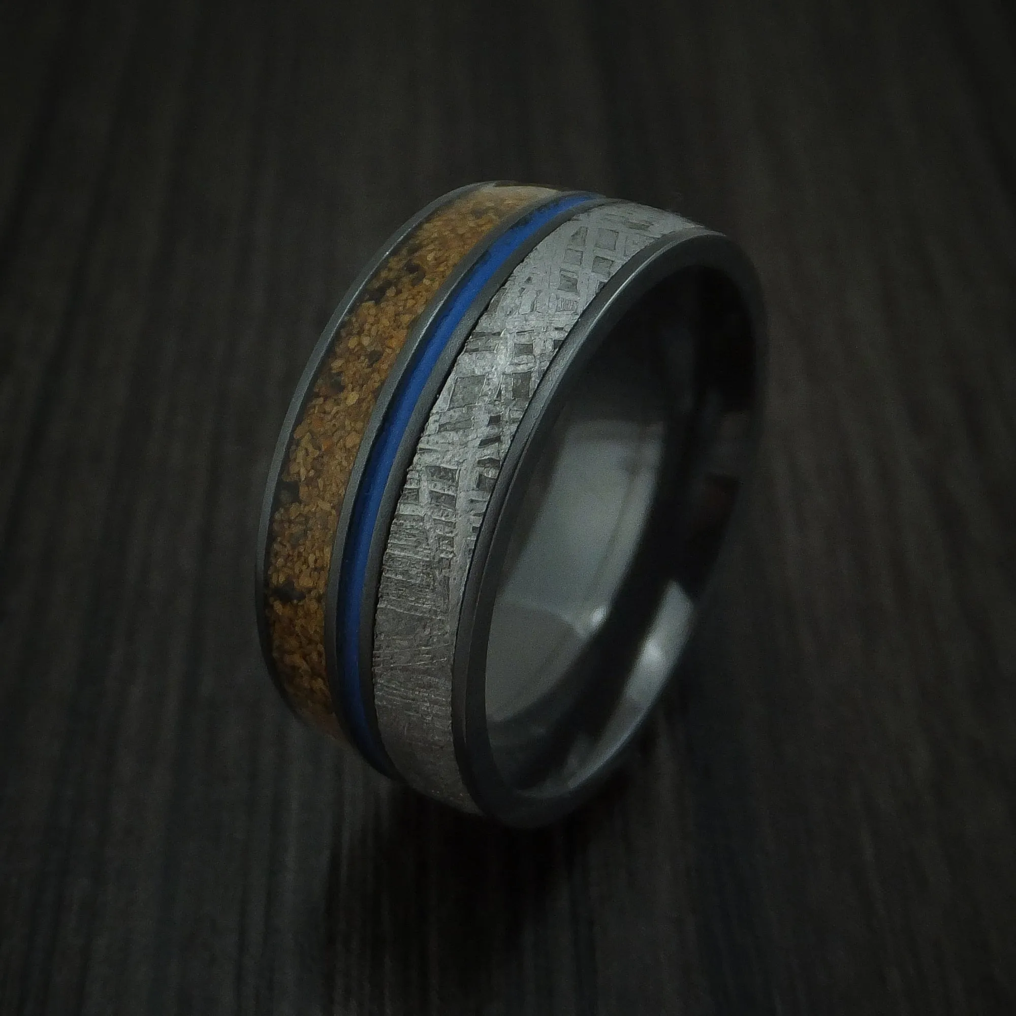 Black Titanium Mixed Dinosaur Bone And Gibeon Meteorite Men's Ring With Cerakote Inlay Custom Made Fossil Band