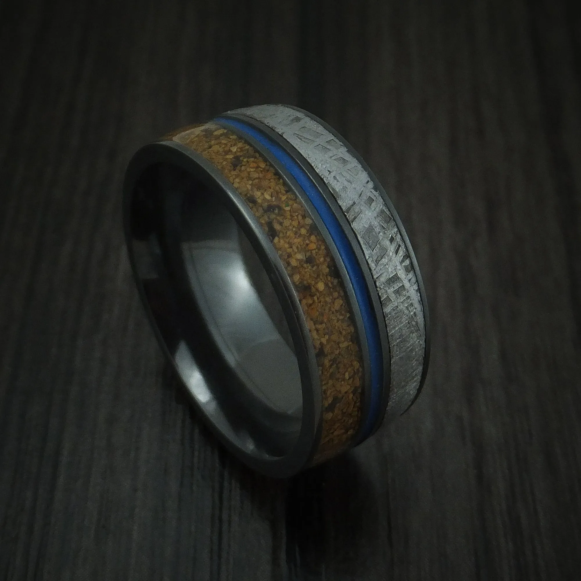 Black Titanium Mixed Dinosaur Bone And Gibeon Meteorite Men's Ring With Cerakote Inlay Custom Made Fossil Band