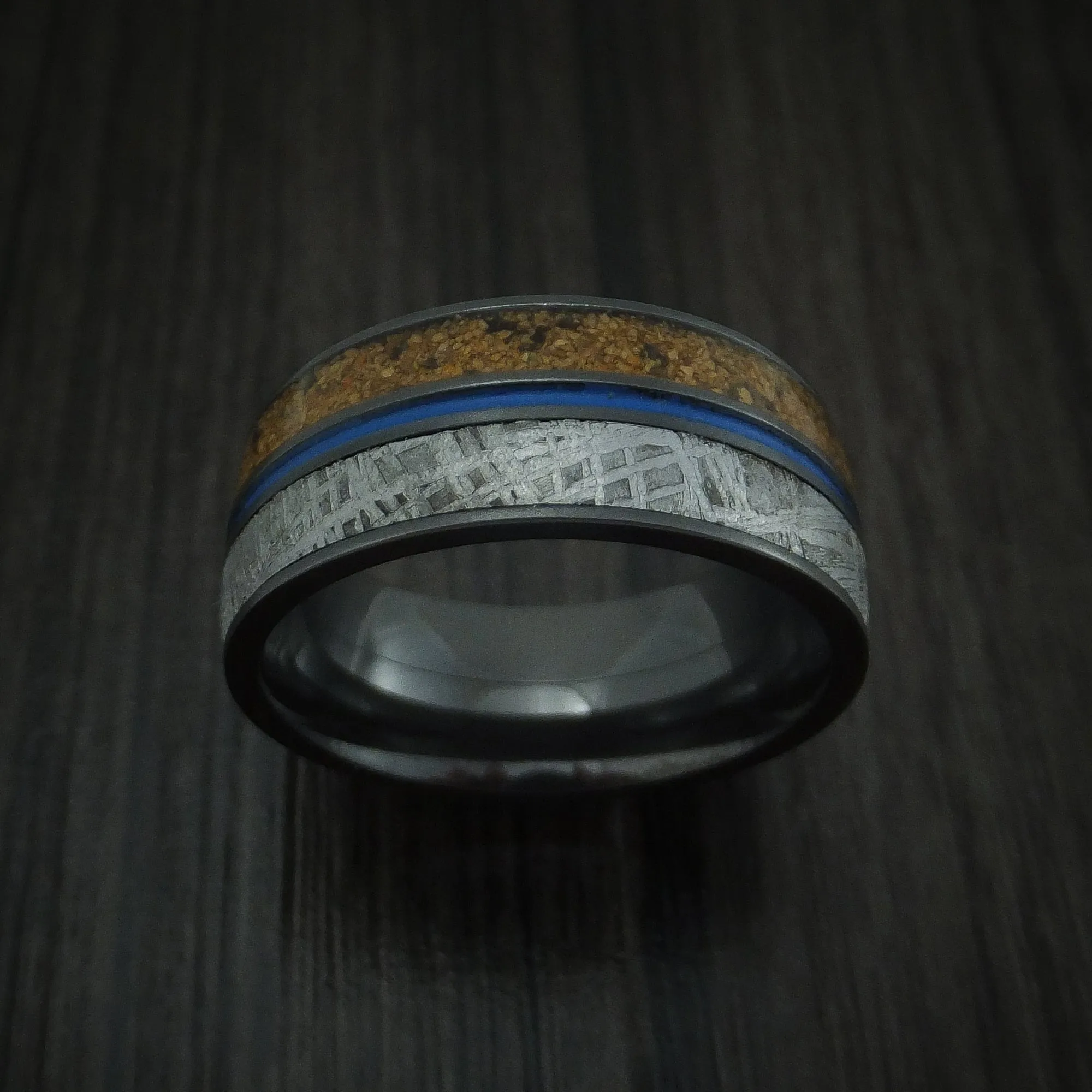 Black Titanium Mixed Dinosaur Bone And Gibeon Meteorite Men's Ring With Cerakote Inlay Custom Made Fossil Band