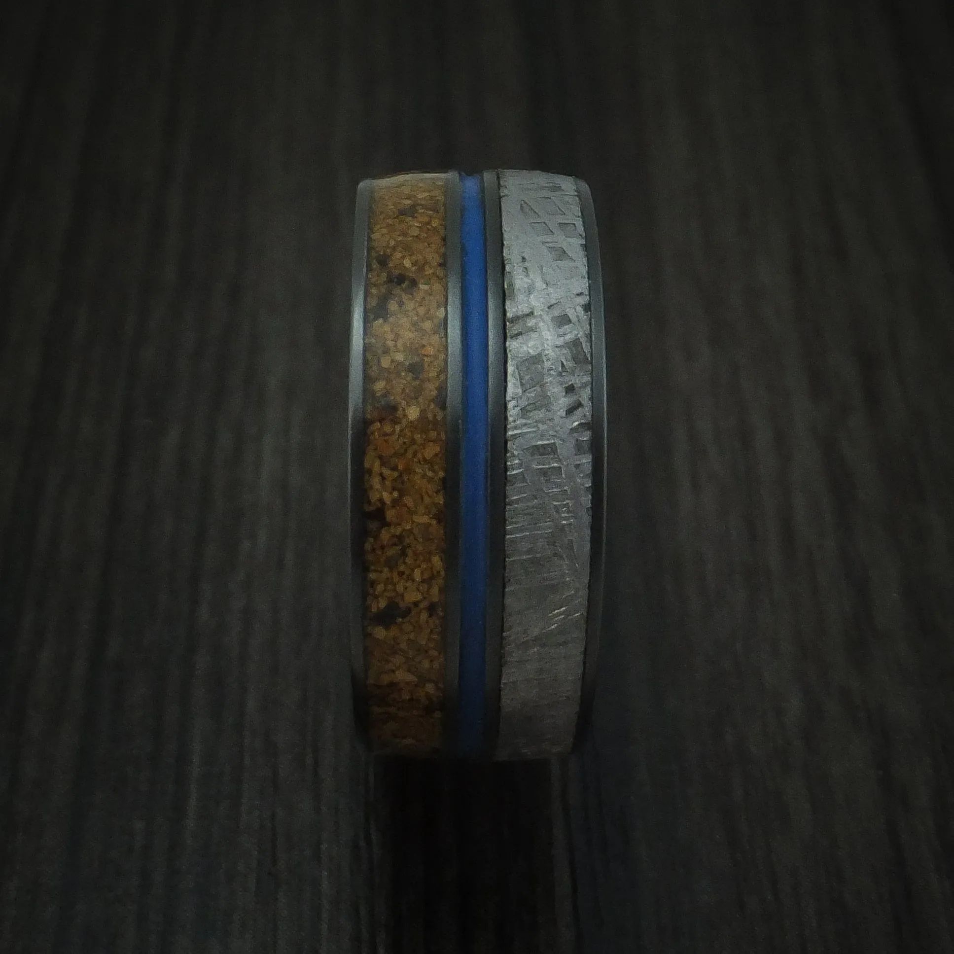 Black Titanium Mixed Dinosaur Bone And Gibeon Meteorite Men's Ring With Cerakote Inlay Custom Made Fossil Band