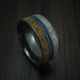 Black Titanium Mixed Dinosaur Bone And Gibeon Meteorite Men's Ring With Cerakote Inlay Custom Made Fossil Band