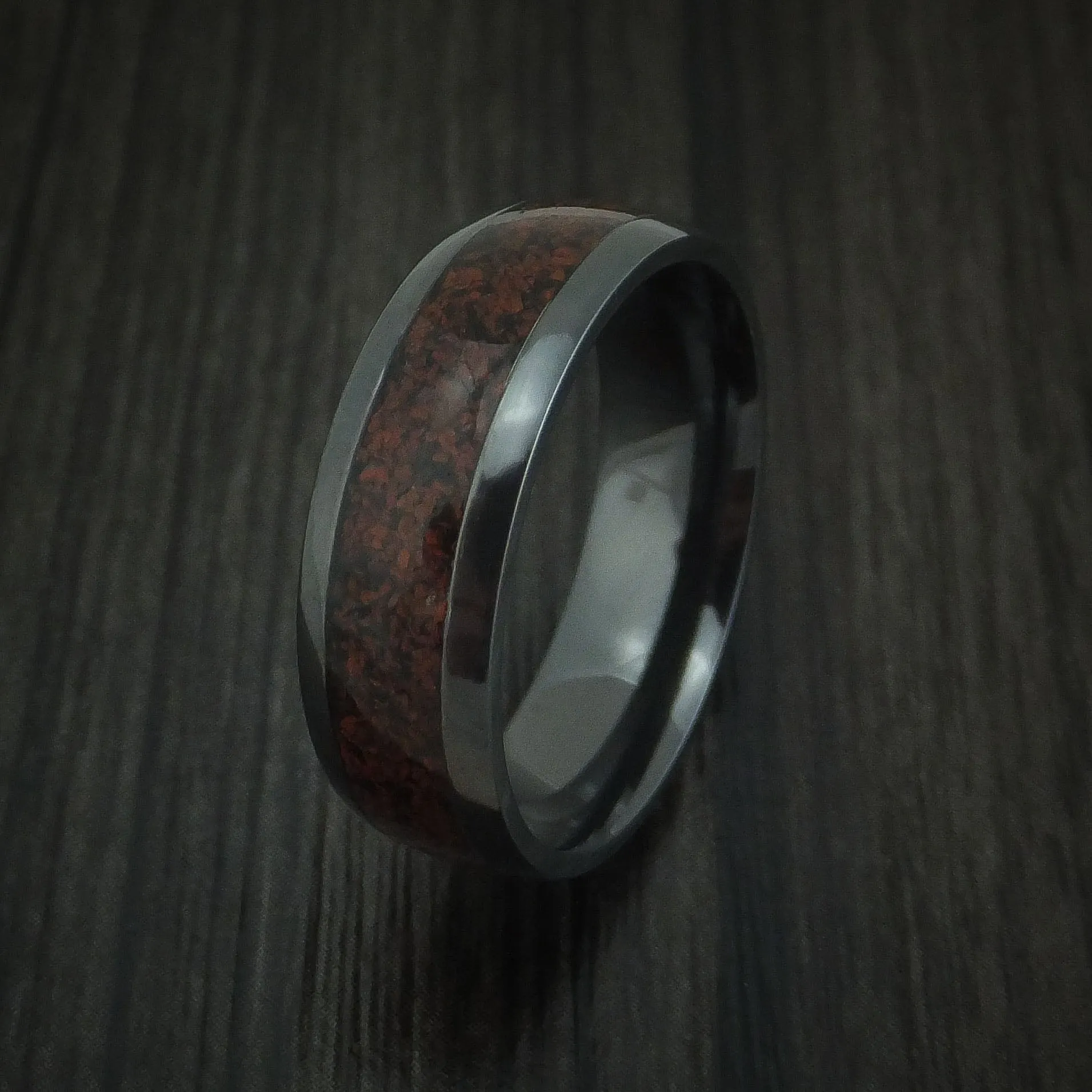 Black Zirconium and Red Dinosaur Bone Men's Ring Custom Made Fossil Band