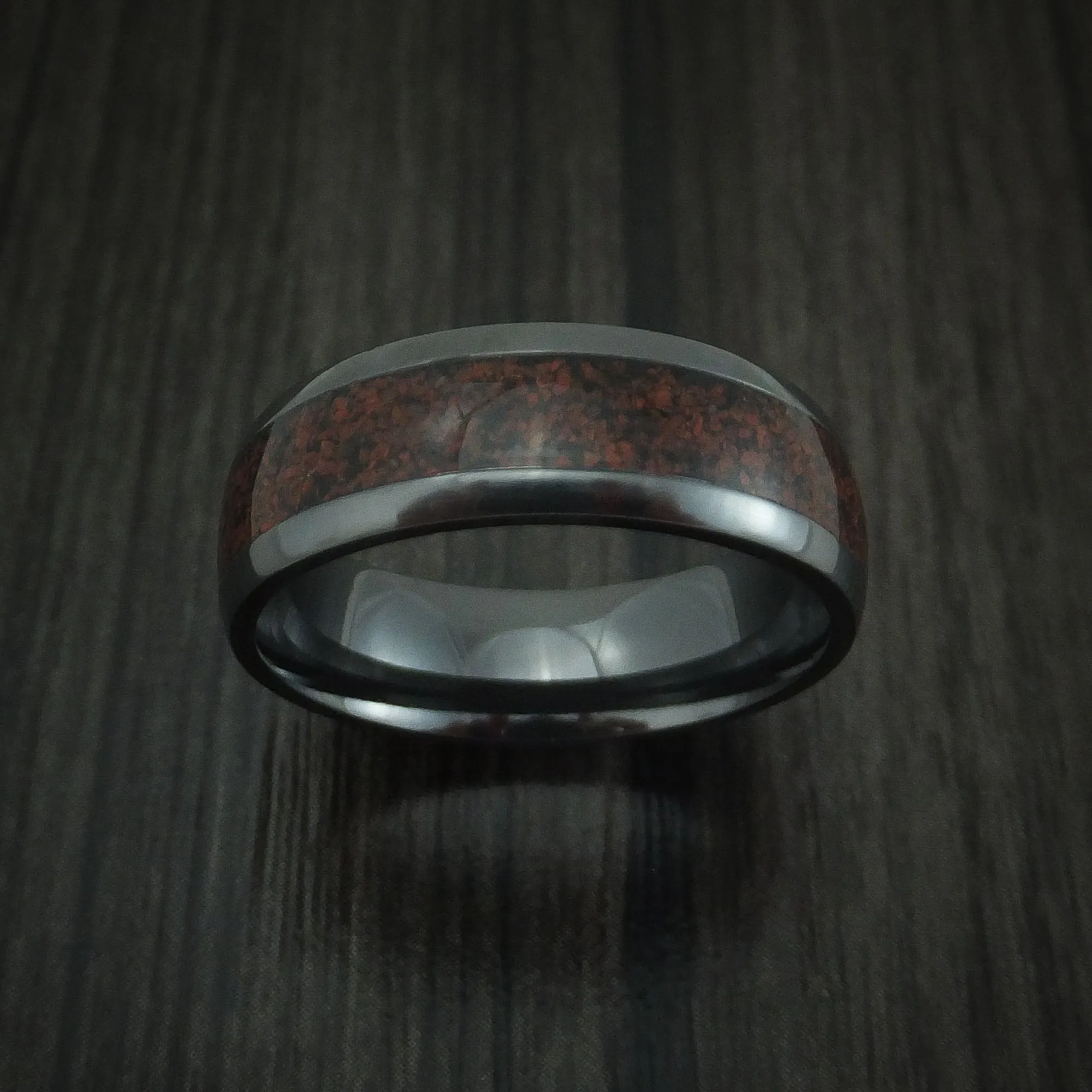 Black Zirconium and Red Dinosaur Bone Men's Ring Custom Made Fossil Band