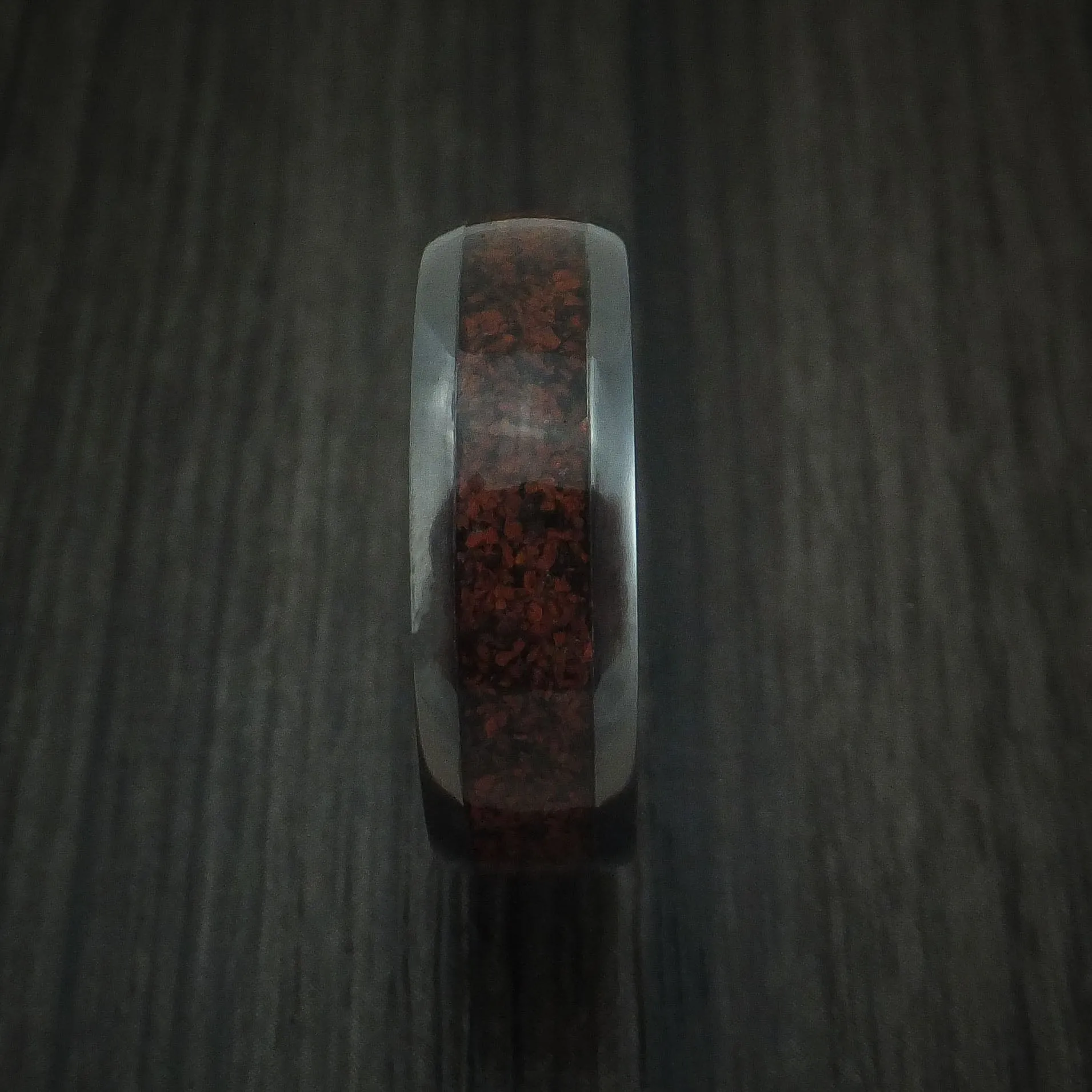 Black Zirconium and Red Dinosaur Bone Men's Ring Custom Made Fossil Band