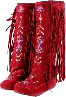 BORAMAX Women's Fringe Western Boots, Suede Embroidered Closure Fringe Mid Calf Knee High Flat Boots Long Snow Tassel Boots