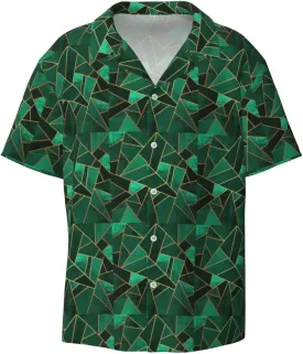 BREAUX Black and Gold Geometric Print Men's Fashionable Cuban Collar Shirts for Tropical Parties and Casual Occasions