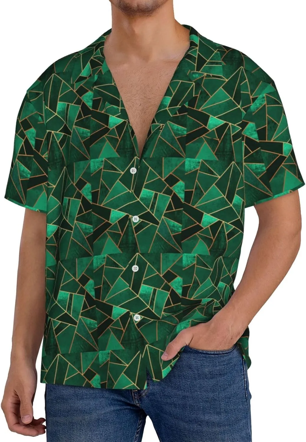 BREAUX Black and Gold Geometric Print Men's Fashionable Cuban Collar Shirts for Tropical Parties and Casual Occasions