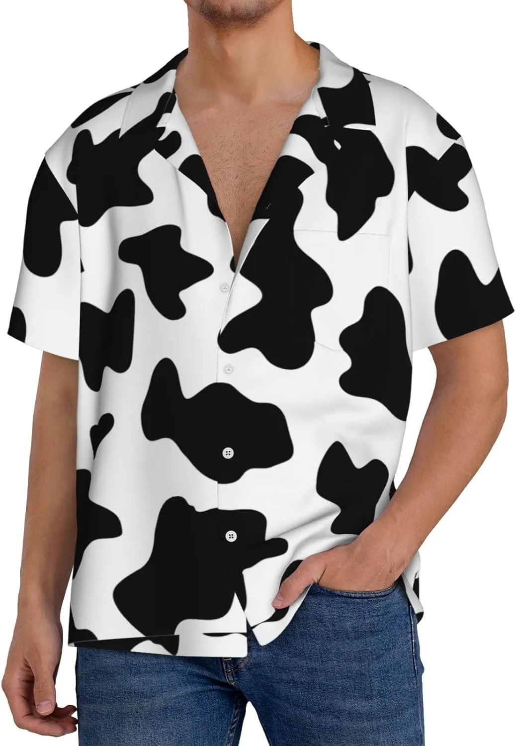 BREAUX Black and White Cow Print Print Men's Fashionable Cuban Collar Shirts for Tropical Parties and Casual Occasions
