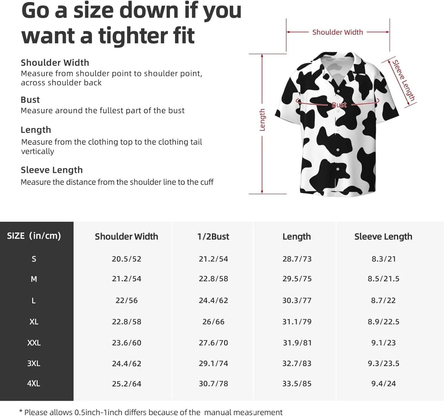 BREAUX Black and White Cow Print Print Men's Fashionable Cuban Collar Shirts for Tropical Parties and Casual Occasions