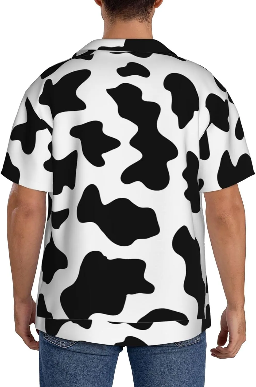 BREAUX Black and White Cow Print Print Men's Fashionable Cuban Collar Shirts for Tropical Parties and Casual Occasions