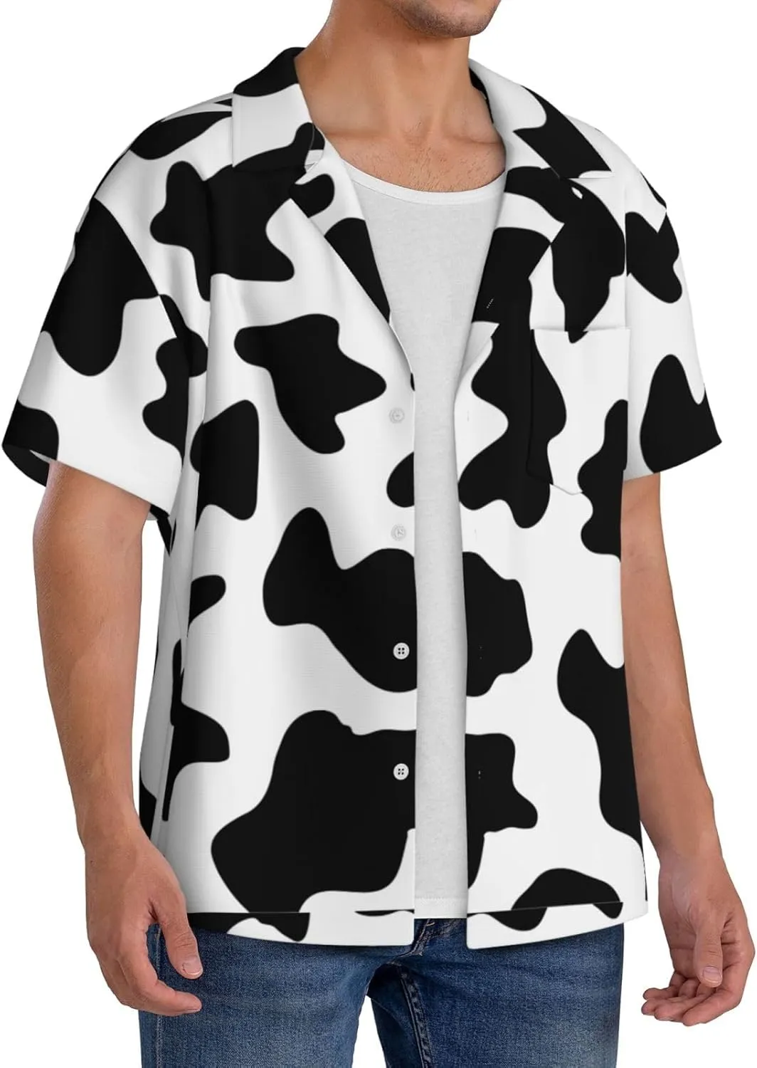 BREAUX Black and White Cow Print Print Men's Fashionable Cuban Collar Shirts for Tropical Parties and Casual Occasions