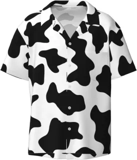 BREAUX Black and White Cow Print Print Men's Fashionable Cuban Collar Shirts for Tropical Parties and Casual Occasions