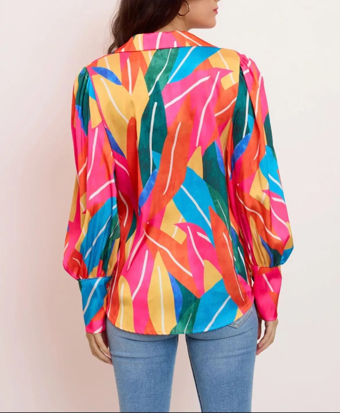 Button Down Shirts for Women Dressy Lantern Long Sleeve Blouses Printed Casual Loose Colorful Blouse Work Tops