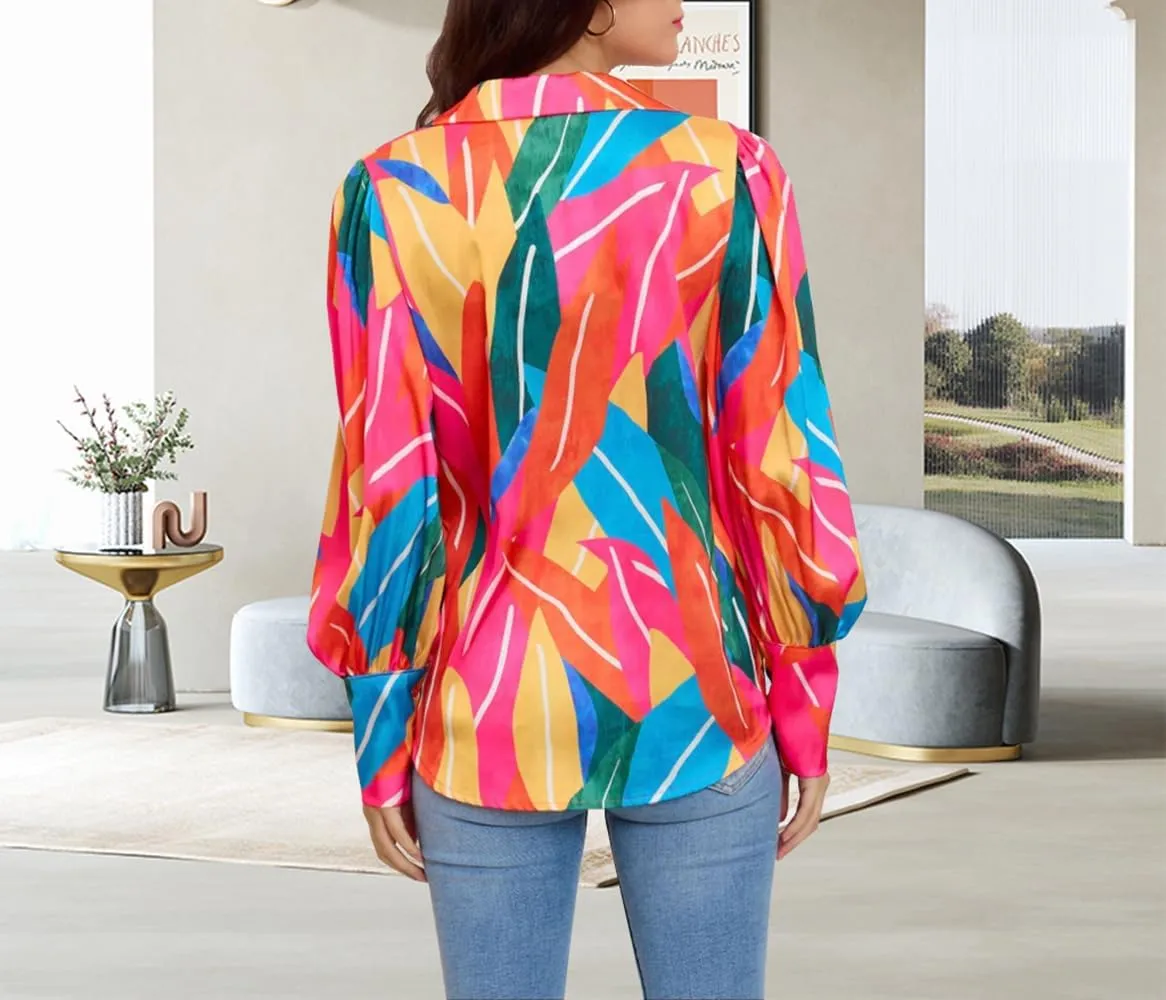 Button Down Shirts for Women Dressy Lantern Long Sleeve Blouses Printed Casual Loose Colorful Blouse Work Tops