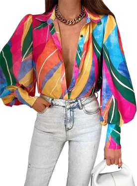 Button Down Shirts for Women Dressy Lantern Long Sleeve Blouses Printed Casual Loose Colorful Blouse Work Tops