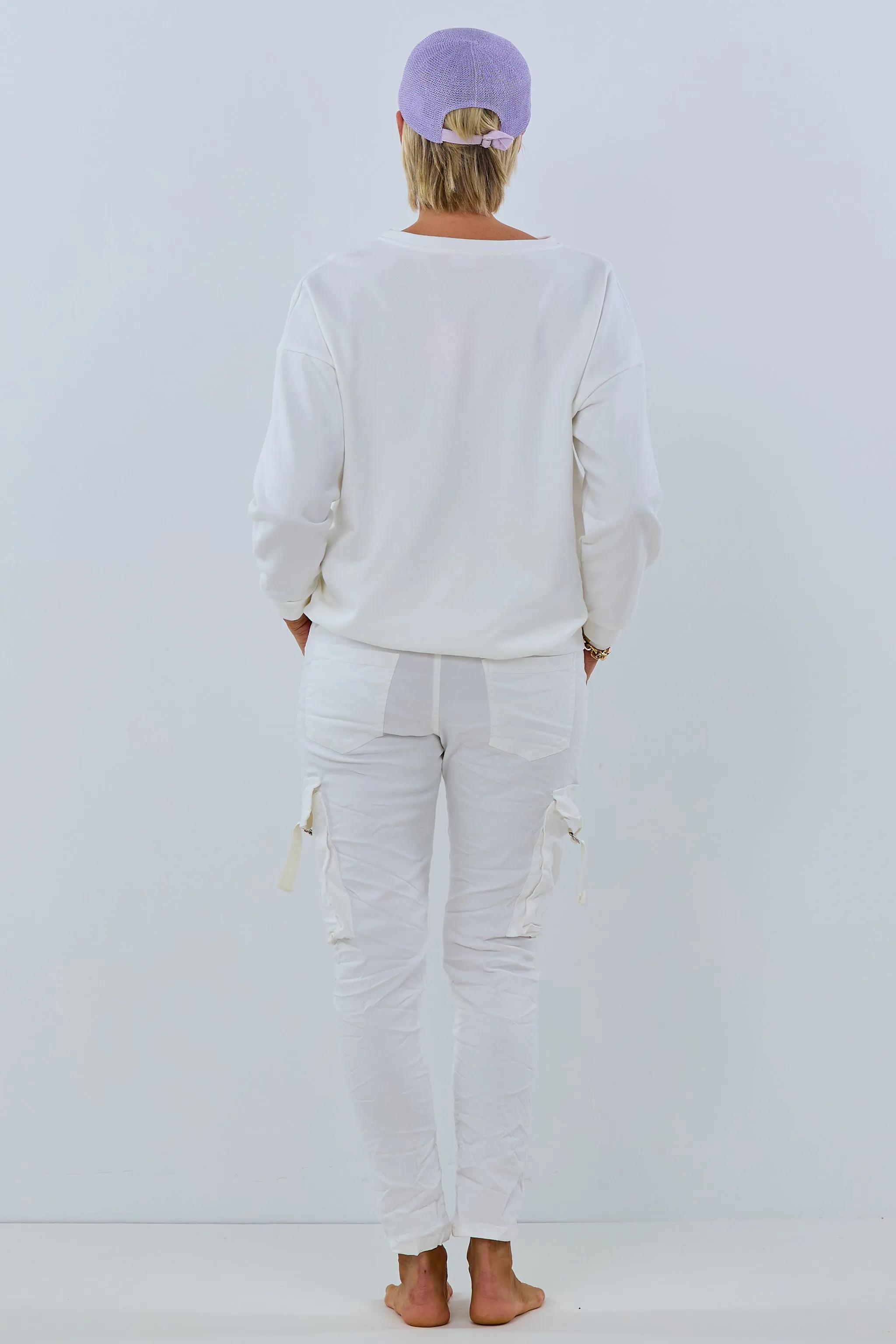 Cargohose im Knitterlook mit Zierreißverschlüssen, weiß