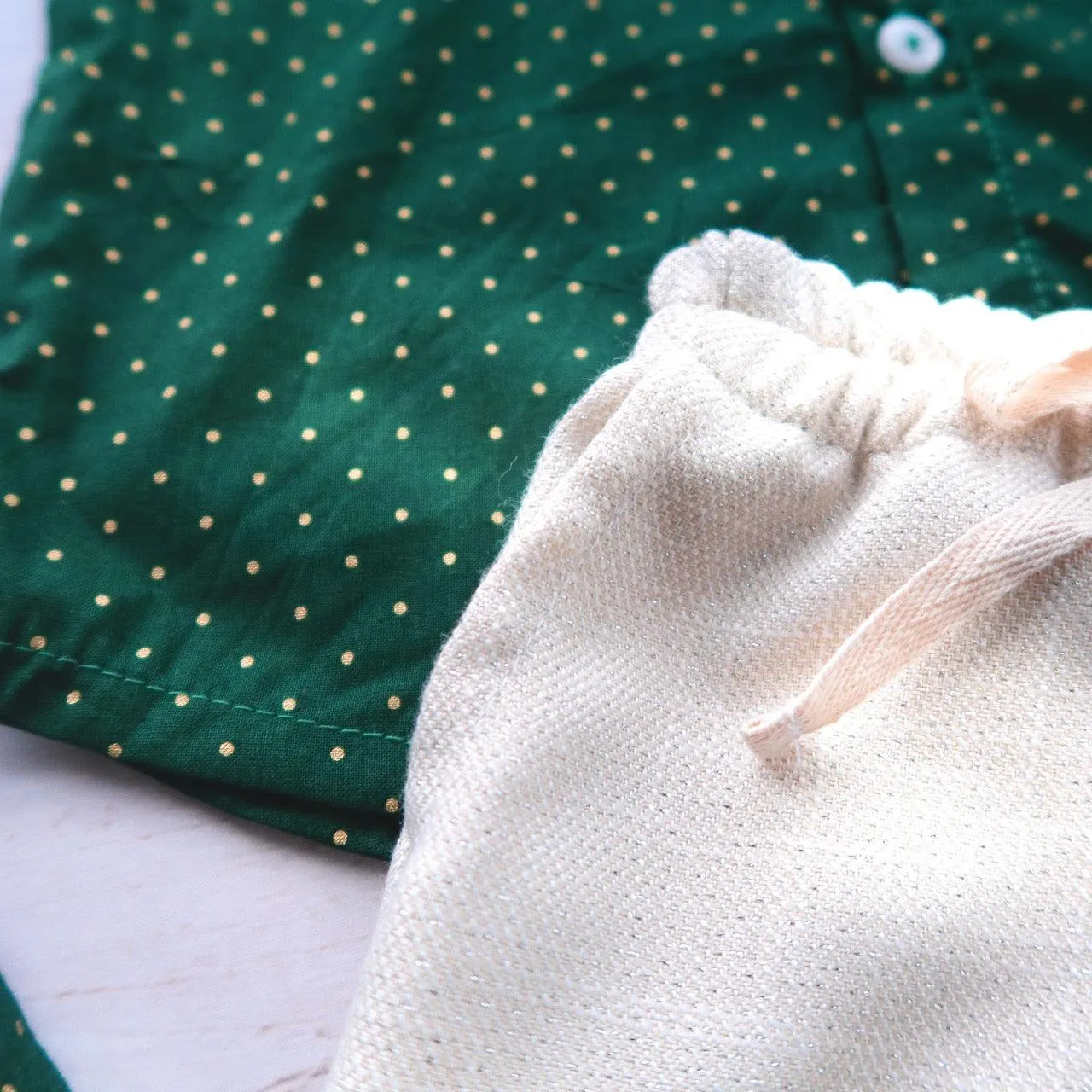 Cedar Top & Shorts in Mini Gold Polka and Sparkly Linen