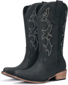 Cowboy Boots for Women - Embroidered Cowgirl Boots Western Mid Calf Fashion Chunky Heel Pointed Toe Country Boot